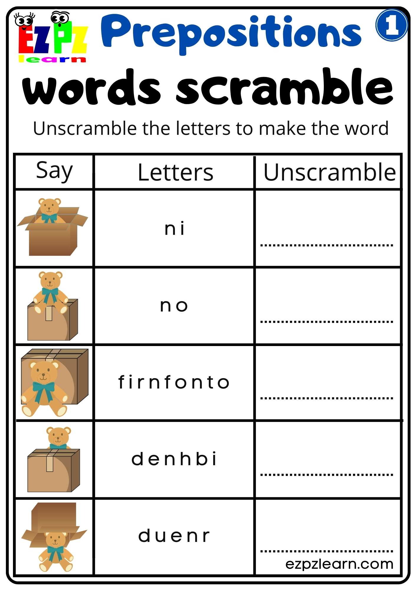 Prepositions of Place Word Scramble Worksheet for Kindergarten K5 and ESL Students G1